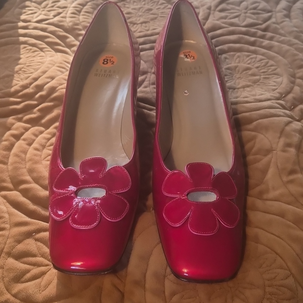 Stuart Weitzman Red Patent Low Block Heel Pumps with Flower .
